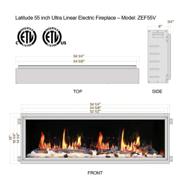 Litedeer Homes Latitude 55" Black Ultra Slim Built-in Linear Smart Electric Fireplace With Driftwood Log & River Rock - ZEF55V