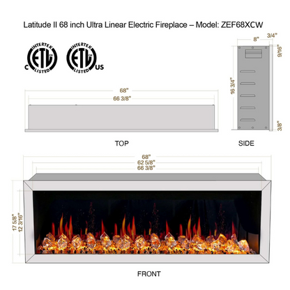 Litedeer Homes Gloria II 68" Smart Electric Fireplace with Acrylic Crushed Ice Rock ZEF68XCW