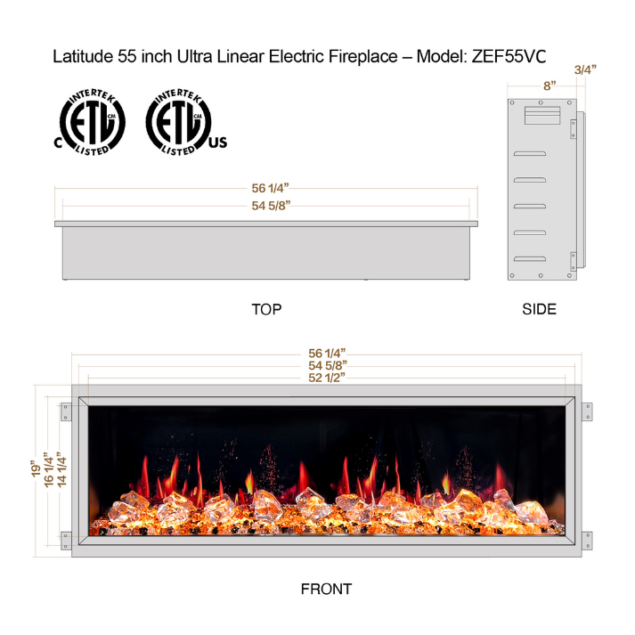 Litedeer Homes Latitude 55" Black Ultra Slim Built-in Linear Smart Electric Fireplace With Multicolor Acrylic Crushed Ice Rocks - ZEF55VC