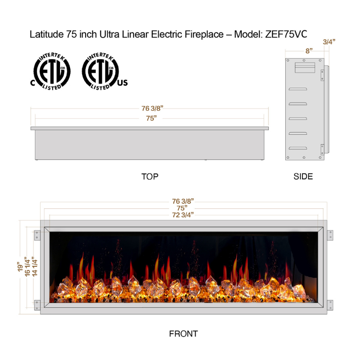 Litedeer Latitude 75" Built-in Linear Electric Fireplace + Acrylic Crushed Ice Rocks (Multi-color) ZEF75VC