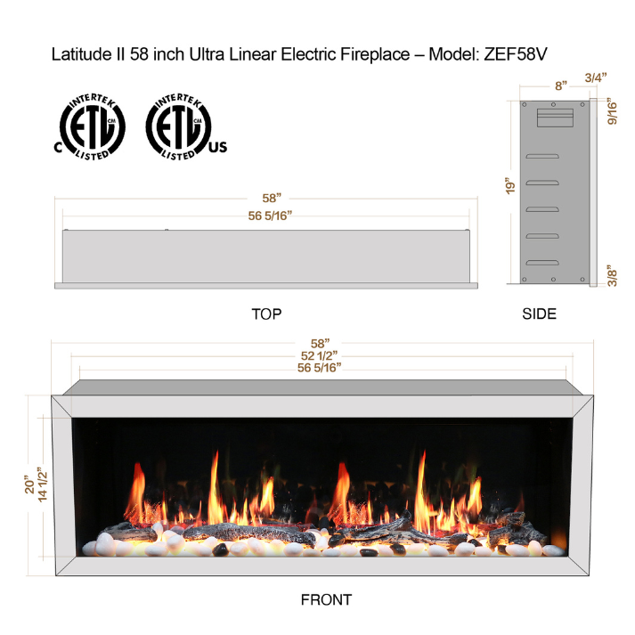 Litedeer 58" Gloria II Push-In Contemporary Smart Linear Vent-Free Built-In Electric Fireplace ZEF58VS
