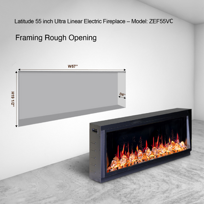 Litedeer Homes Latitude 55" Black Ultra Slim Built-in Linear Smart Electric Fireplace With Multicolor Acrylic Crushed Ice Rocks - ZEF55VC