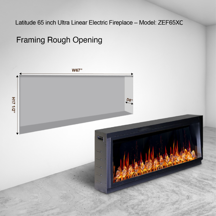Litedeer Latitude 65" Ultra Slim Built-in Electric Fireplace + Acrylic Crushed Ice Rocks ZEF65XC