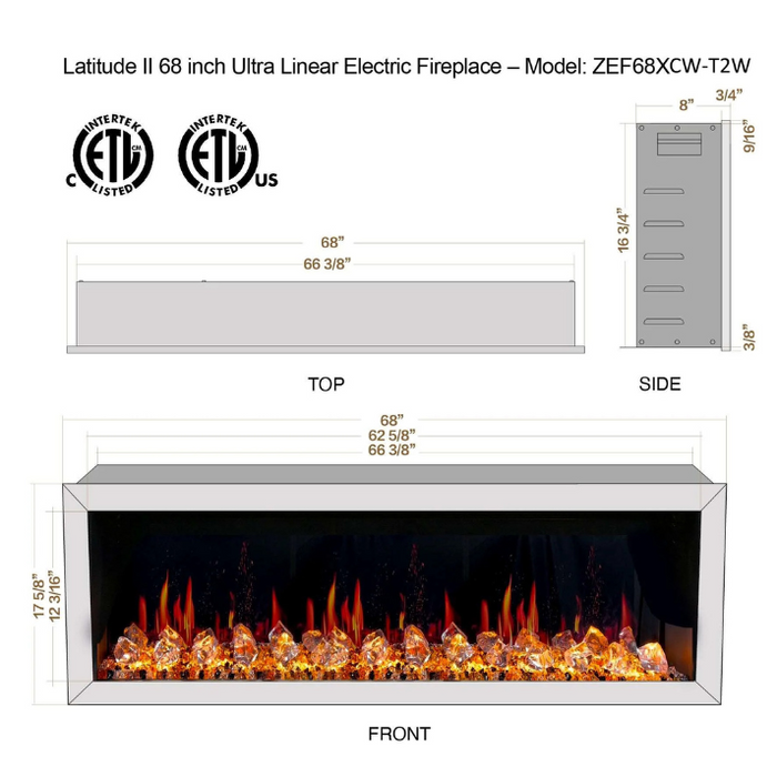 Litedeer Homes Gloria II 68" White Seamless Push-in Electric Fireplace With Acrylic Crushed Ice Rocks Acrylic Crushed Ice Rocks - ZEF68XCW