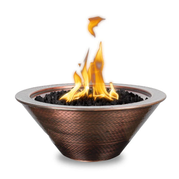 The Outdoor Plus 36" Round Hammered Patina Copper Liquid Propane Cazo Fire Bowl , Match Lit With Flame Sense Ignition - OPT-102-36NWFFSML-LP