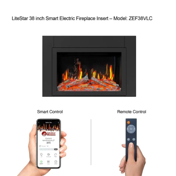 Litedeer Homes LiteStar 38" Smart Electric Fireplace Inserts With App Driftwood Log & River Rock - ZEF38VC