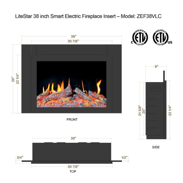 Litedeer Homes LiteStar 38" Smart Electric Fireplace Inserts With App Driftwood Log & River Rock - ZEF38VC