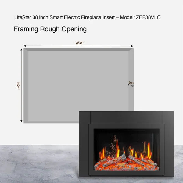 Litedeer Homes LiteStar 38" Smart Electric Fireplace Inserts With App Driftwood Log & River Rock - ZEF38VC