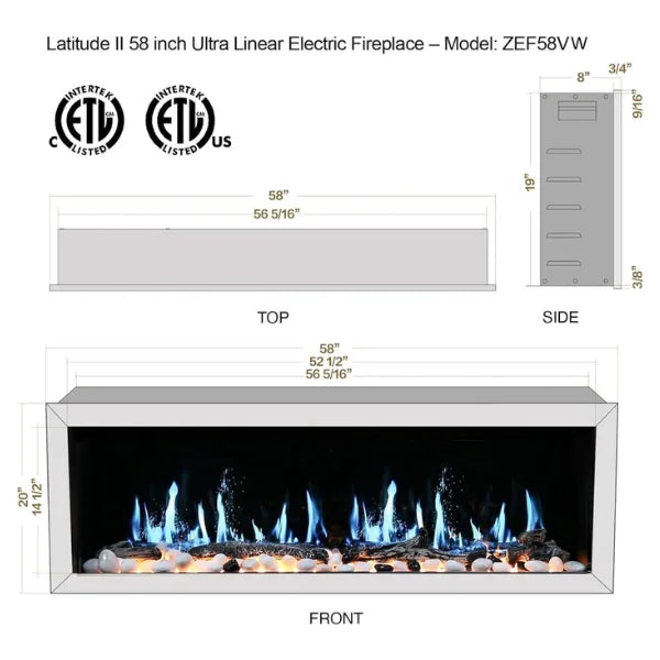 Litedeer Homes Gloria II 58" White Seamless Push-in Electric Fireplace With Smart App Control and 5 Unique Flame - ZEF58VW