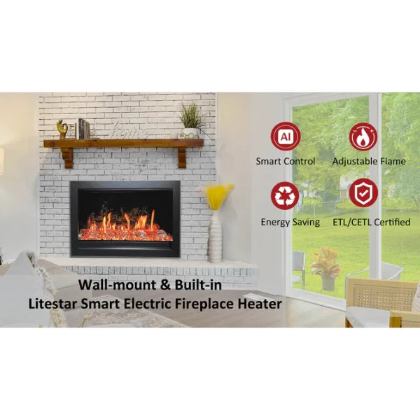 Litedeer Homes LiteStar 33" Crystal Pebble Smart Electric Fireplace Inserts - ZEF38VC-33-Crystal