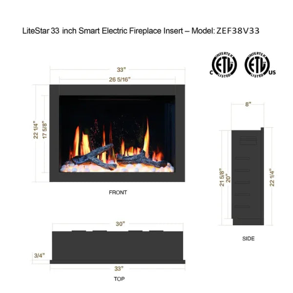 Litedeer Homes LiteStar 33" Crystal Pebble Smart Electric Fireplace Inserts - ZEF38VC-33-Crystal