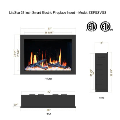 Litedeer Homes LiteStar 33" Crystal Pebble Smart Electric Fireplace Inserts - ZEF38VC-33-Crystal