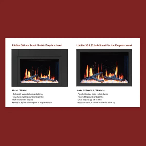 Litedeer Homes LiteStar 33" Crystal Pebble Smart Electric Fireplace Inserts - ZEF38VC-33-Crystal