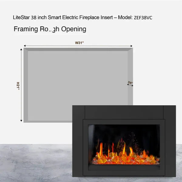 Litedeer Homes LiteStar 38" Luster Copper Amber Glass Smart Electric Fireplace Inserts With App Reflective Amber Glass - ZEF38VC-Amber