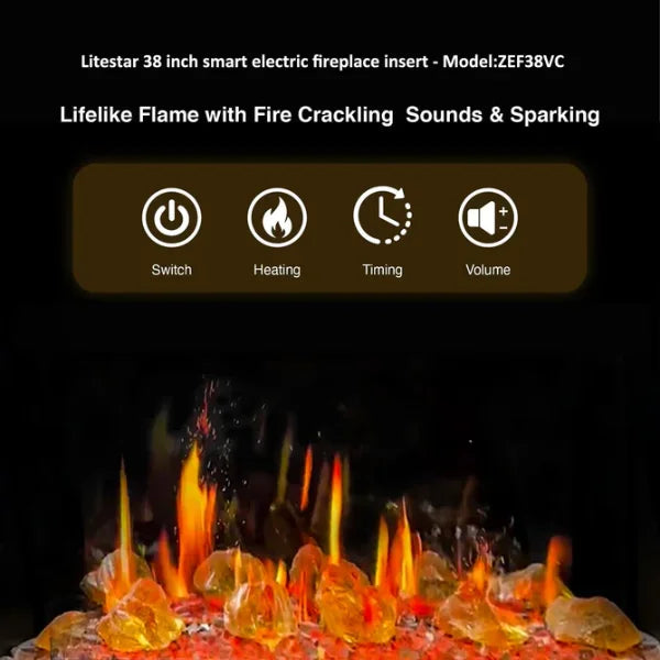 Litedeer Homes LiteStar 38" Luster Copper Amber Glass Smart Electric Fireplace Inserts With App Reflective Amber Glass - ZEF38VC-Amber