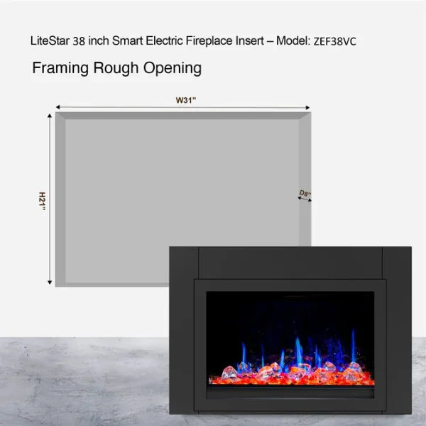 Litedeer Homes LiteStar 38" Crystal Pebble Smart Electric Fireplace Inserts With App Diamond-like Crystal - ZEF38VC-Crystal