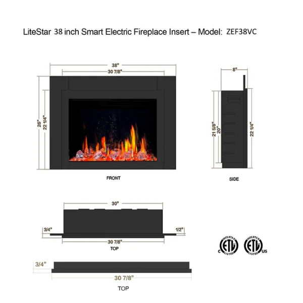 Litedeer Homes LiteStar 38" Crystal Pebble Smart Electric Fireplace Inserts With App Diamond-like Crystal - ZEF38VC-Crystal