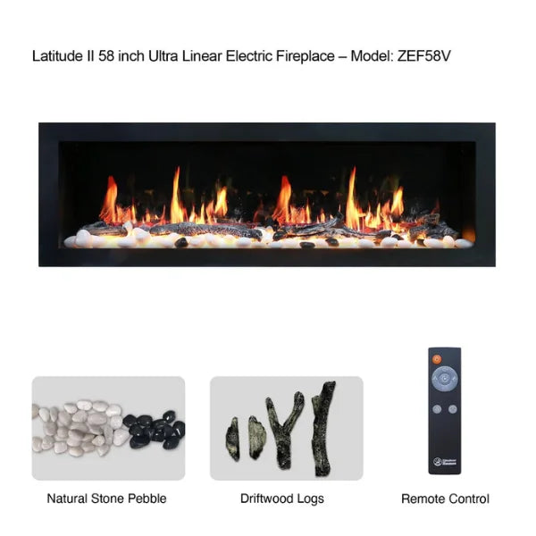 Litedeer 58" Latitude II Push-In Contemporary Smart Linear Vent-Free Built-In Electric Fireplace ZEF58V