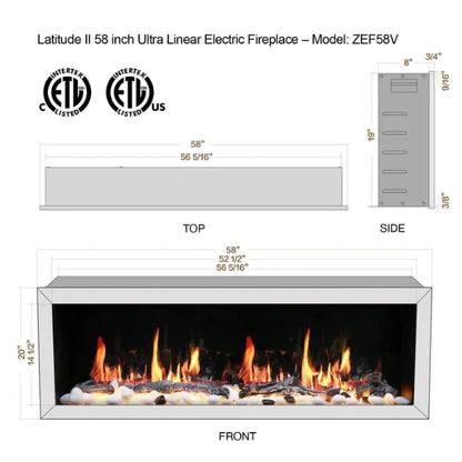 Litedeer 58" Latitude II Push-In Contemporary Smart Linear Vent-Free Built-In Electric Fireplace ZEF58V