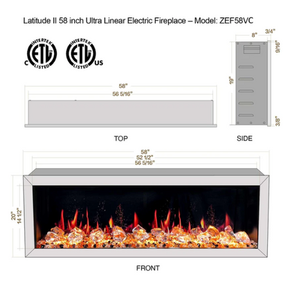 Litedeer Homes Latitude II 58" Seamless Push-in Electric Fireplace With Acrylic Crushed Ice Rocks - ZEF58VC