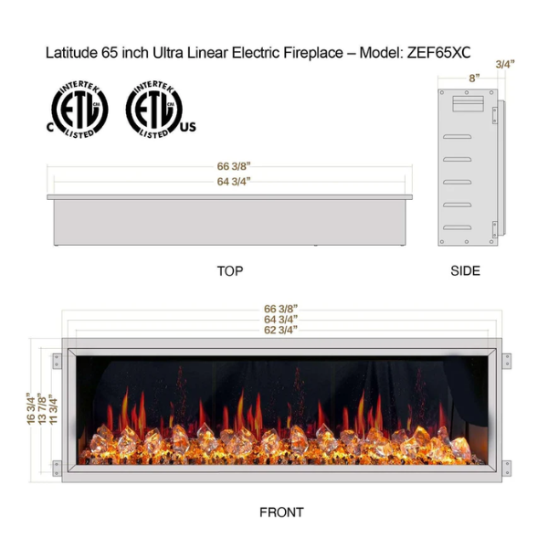 Litedeer Homes Latitude 65" Black Ultra Slim Built-in Linear Smart Electric Fireplace With Acrylic Crushed Ice Rocks - ZEF65XC