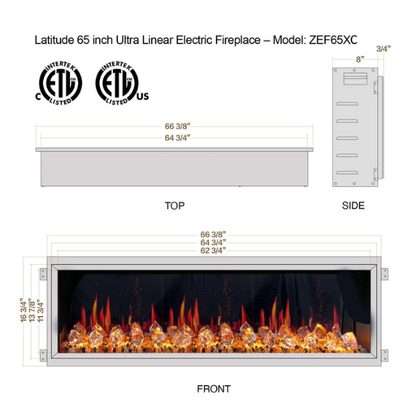 Litedeer Homes Latitude 65" Black Ultra Slim Built-in Linear Smart Electric Fireplace With Acrylic Crushed Ice Rocks - ZEF65XC