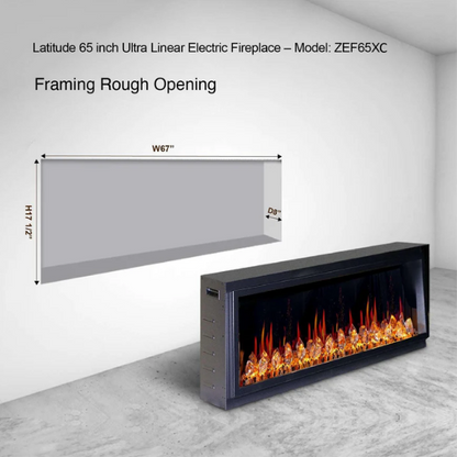 Litedeer Homes Latitude 65" Black Ultra Slim Built-in Linear Smart Electric Fireplace With Acrylic Crushed Ice Rocks - ZEF65XC