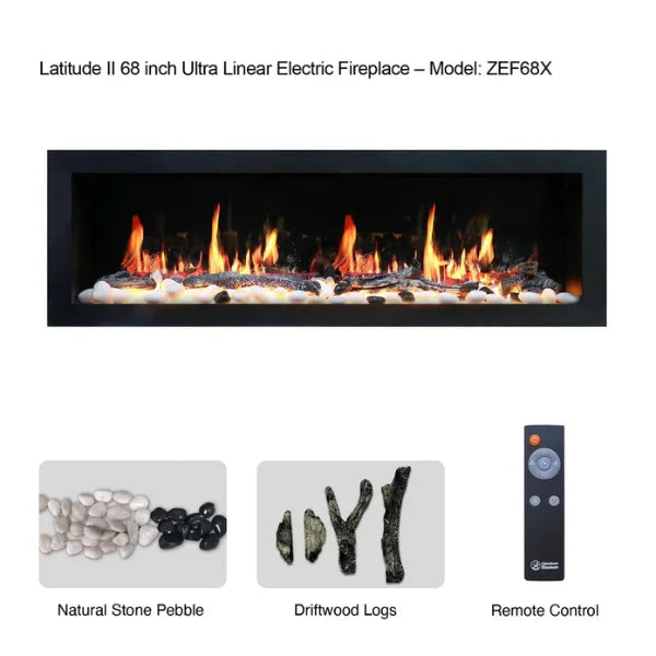 Litedeer Homes Latitude II 68" Seamless Push-in Electric Fireplace With App Driftwood Log & River Rock - ZEF68X