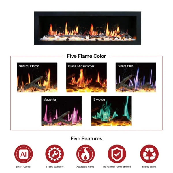 Litedeer Homes Latitude II 68" Seamless Push-in Electric Fireplace With App Driftwood Log & River Rock - ZEF68X