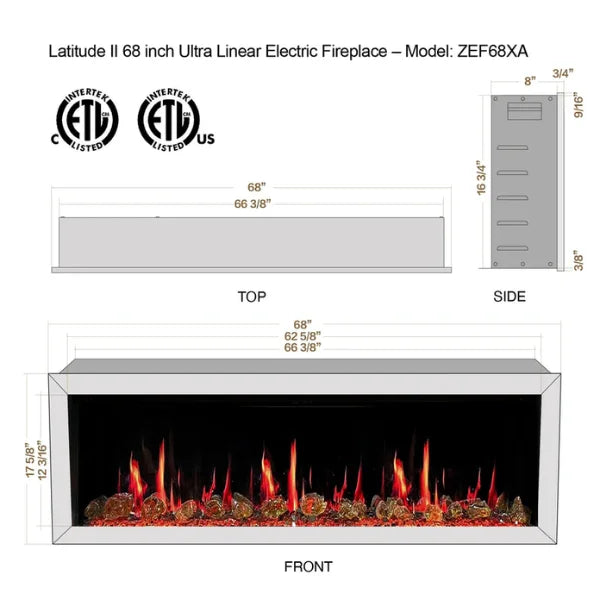 Litedeer Homes Latitude II 68" Seamless Push-in Electric Fireplace With Luster Copper Reflective Fire Glass - ZEF68XA