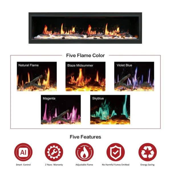 Litedeer Homes Latitude 75" Black Ultra Slim Built-in Linear Smart Electric Fireplace With Driftwood Log & River Rock - ZEF75V