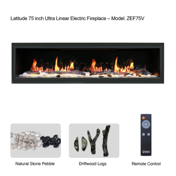 Litedeer Homes Latitude 75" Black Ultra Slim Built-in Linear Smart Electric Fireplace With Driftwood Log & River Rock - ZEF75V