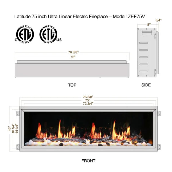 Litedeer Homes Latitude 75" Black Ultra Slim Built-in Linear Smart Electric Fireplace With Driftwood Log & River Rock - ZEF75V