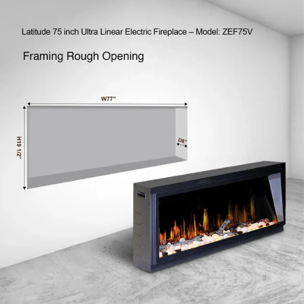 Litedeer Homes Latitude 75" Black Ultra Slim Built-in Linear Smart Electric Fireplace With Driftwood Log & River Rock - ZEF75V