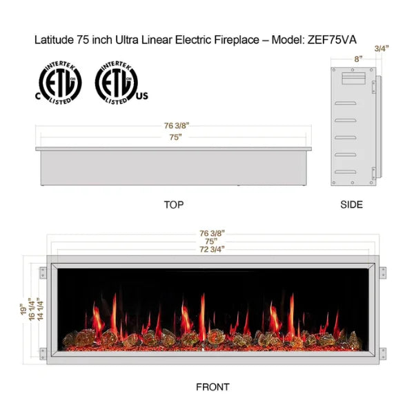 Litedeer Homes Latitude 75" Black Ultra Slim Built-in Linear Smart Electric Fireplace With Luster Copper Reflective Fire Glass - ZEF75VA