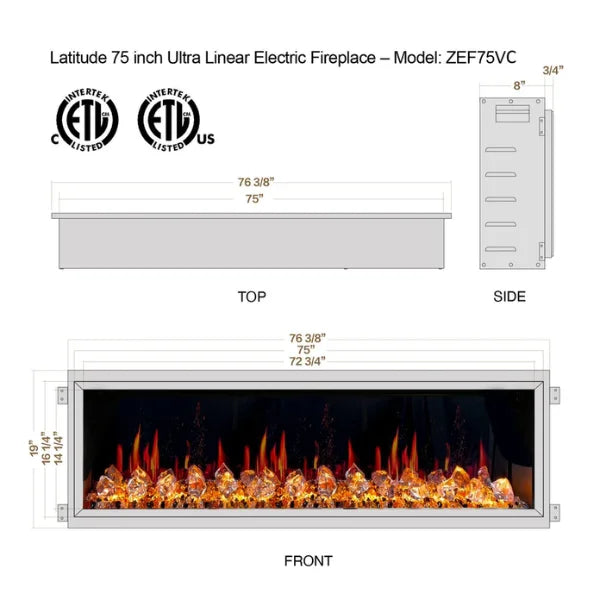 Litedeer Homes Latitude 75" Black Ultra Slim Built-in Linear Smart Electric Fireplace With Multicolor Acrylic Crushed Ice Rocks - ZEF75VC