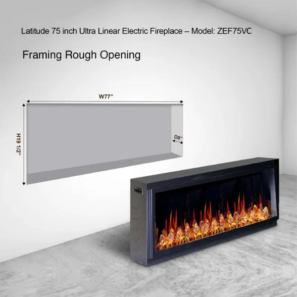 Litedeer Homes Latitude 75" Black Ultra Slim Built-in Linear Smart Electric Fireplace With Multicolor Acrylic Crushed Ice Rocks - ZEF75VC