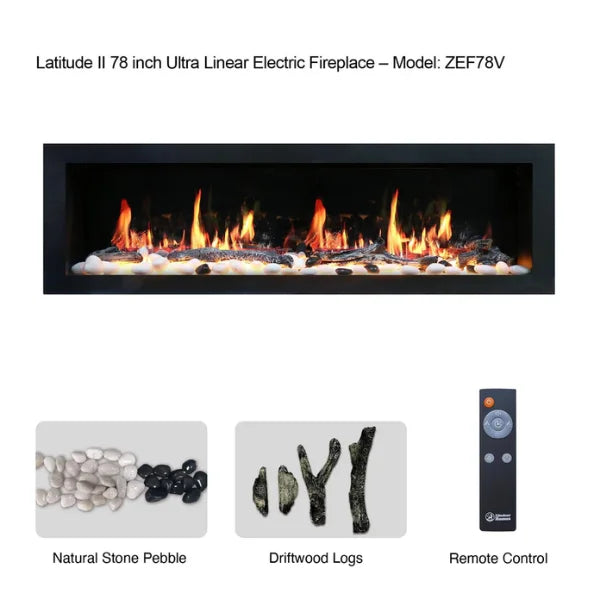 Litedeer Homes Latitude II 78" Seamless Push-in Electric Fireplace With App Driftwood Log & River Rock - ZEF78V