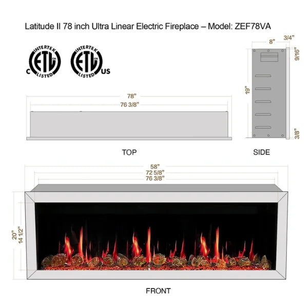 Litedeer Homes Latitude II 78" Seamless Push-in Electric Fireplace With Luster Copper Reflective Fire Glass - ZEF78VA