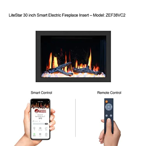 Litedeer Homes LiteStar 30" Original Smart Electric Fireplace Inserts With App Driftwood Log & River Rock - ZEF38VCII