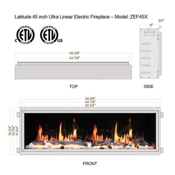 Litedeer Homes Latitude 45" Black Ultra Slim Built-in Linear Smart Electric Fireplace With Driftwood Log & River Rock - ZEF45X