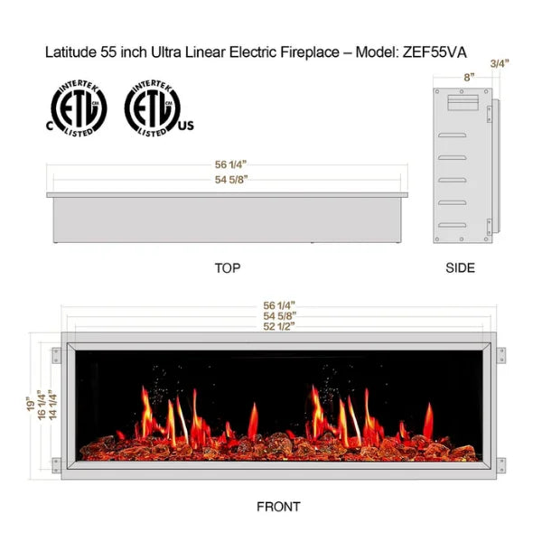 Litedeer Homes Latitude 55" Black Ultra Slim Built-in Linear Smart Electric Fireplace With Luster Copper Reflective Fire Glass - ZEF55VA