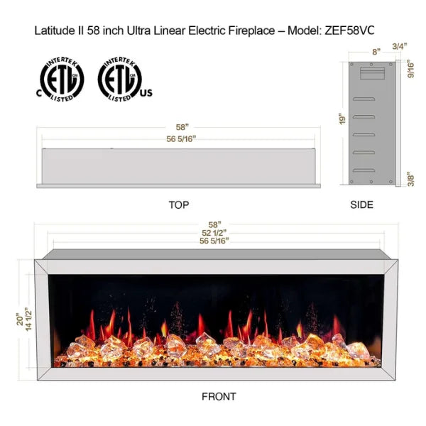 Litedeer Homes Latitude II 58" Seamless Push-in Electric Fireplace With Luster Copper Reflective Fire Glass - ZEF58VA