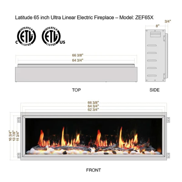 Litedeer Homes Latitude 65" Black Ultra Slim Built-in Linear Smart Electric Fireplace With Driftwood Log & River Rock - ZEF65X