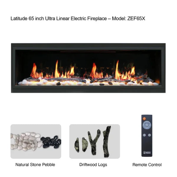 Litedeer Homes Latitude 65" Black Ultra Slim Built-in Linear Smart Electric Fireplace With Driftwood Log & River Rock - ZEF65X