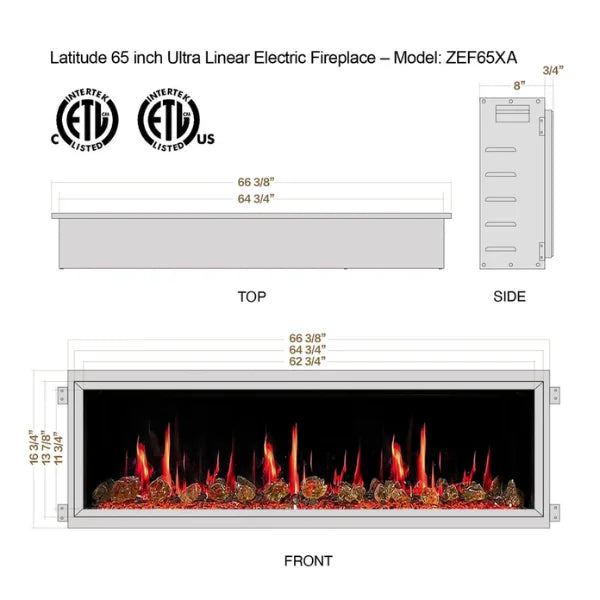 Litedeer Homes Latitude 65" Black Ultra Slim Built-in Linear Smart Electric Fireplace With Luster Copper Reflective Fire Glass - ZEF65XA