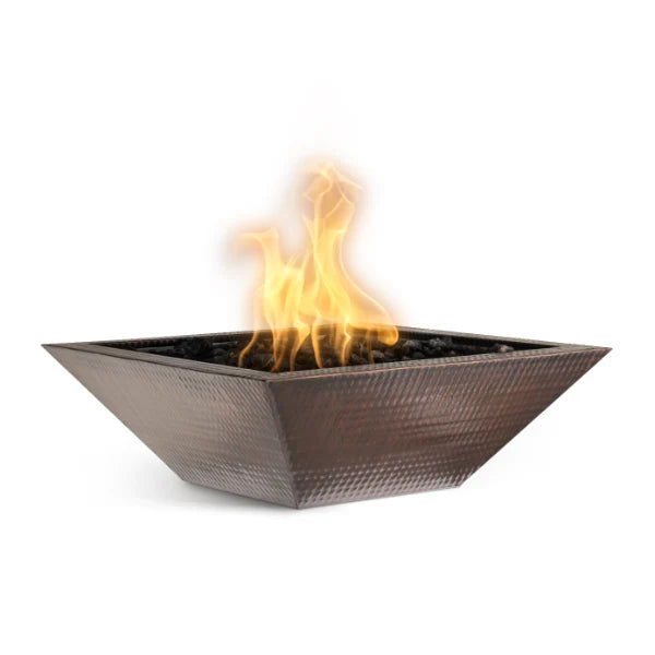 The Outdoor Plus Maya 36" Square Hammered Patina Copper Natural Gas Fire Bowl With Match Lit Ignition - OPT-103-SQ36-NG