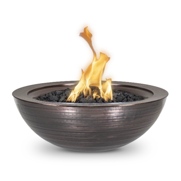 The Outdoor Plus Sedona 27" Round Hammered Patina Copper Natural Gas Fire Bowl With Match Lit Ignition - OPT-27RCPRFO-NG