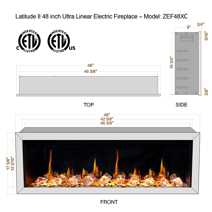 Litedeer Latitude II 48" Vent-Free sameless Push-In Electric Fireplace with Acrylic Crushed Ice Rocks ZEF48XC