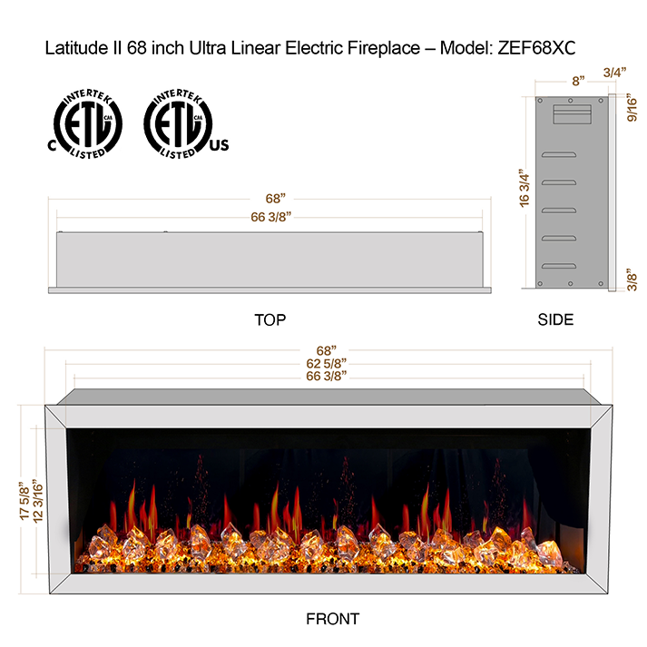 Litedeer Latitude II 68" Vent-Free Seamless Push-In Electric Fireplace with Acrylic Crushed Ice Rocks ZEF68XC